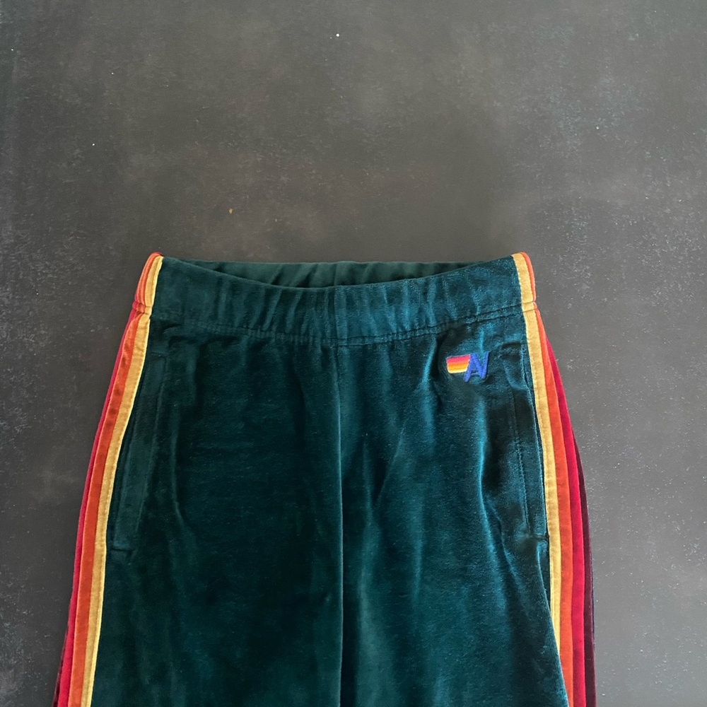 Aviator Nation Velvet Green Pants with Rainbow Stripes - Picture 4 of 5